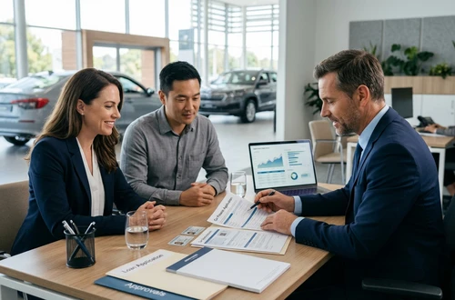 Meridian loan advisor reviewing documents with client